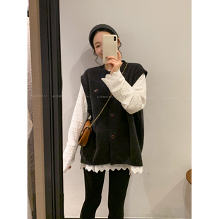 爱情魔鬼鱼 圆领宽松针织马甲女2025年冬季新款加厚保暖叠穿上衣