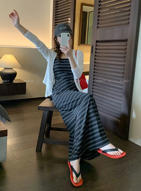 条纹吊带半身长裙三件套装女