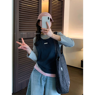 长袖 爱情魔鬼鱼 新款 女2026春季 圆领T恤叠穿马甲上衣 休闲两件套装