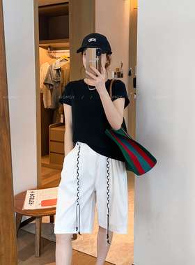 爱情魔鬼鱼 白色配腰带直筒休闲裤女2026夏季新款宽松五分阔腿裤