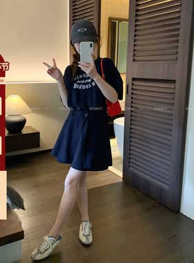 爱情魔鬼鱼 藏蓝色套装女2026夏季新款天丝短袖T恤A字短裙两件套