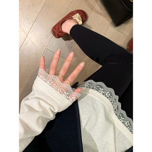 宽松打底上衣 蕾丝拼接T恤女2025秋冬新款 爱情魔鬼鱼 白色圆领长袖