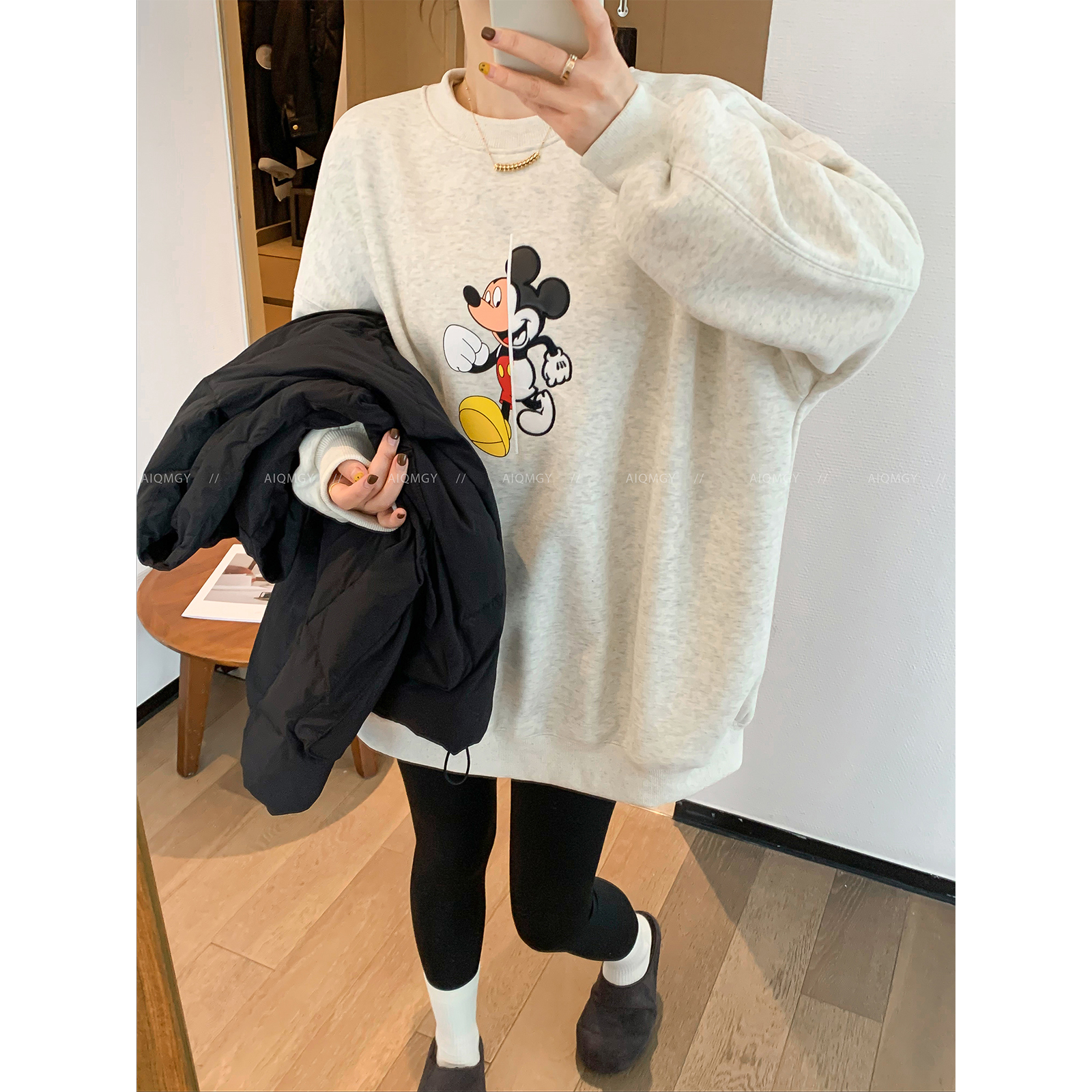 爱情魔鬼鱼 花灰色圆领卡通加绒卫衣女2025冬季新款宽松休闲上衣