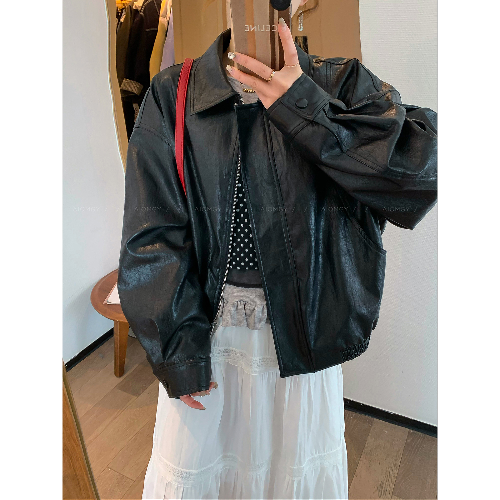爱情魔鬼鱼 黑色高级感翻领皮衣外套女2025秋季新款百搭夹克上衣