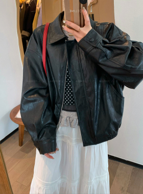 爱情魔鬼鱼 黑色高级感翻领皮衣外套女2025秋冬新款百搭夹克上衣