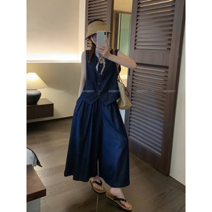 爱情魔鬼鱼 深蓝色牛仔套装女2026夏季马甲背心宽松阔腿裤两件套