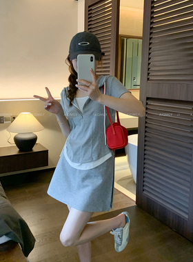 爱情魔鬼鱼 灰色套装女2026夏季新款连帽假两件T恤半身短裙两件套