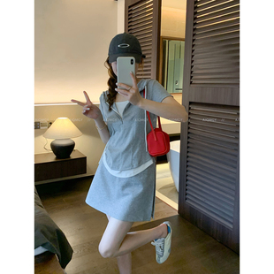 爱情魔鬼鱼 灰色套装女2026夏季新款连帽假两件T恤半身短裙两件套