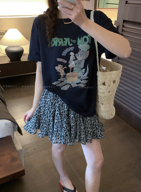 爱情魔鬼鱼 黑色短袖圆领卡通字母印花T恤女2026夏季新款宽松上衣
