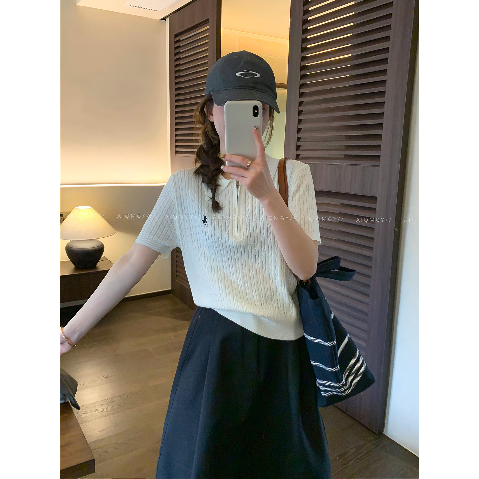 爱情魔鬼鱼 短袖半开领刺绣麻花针织T恤女2026年夏季新款通勤上衣