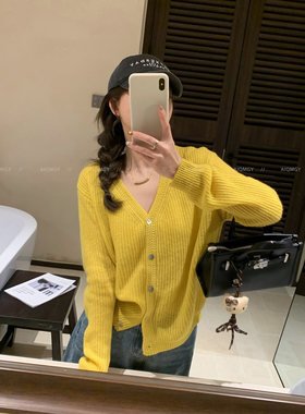 爱情魔鬼鱼 条纹V领坑条天丝羊毛针织开衫女2026春季新款通勤上衣