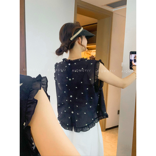 木耳边无袖 爱情魔鬼鱼 新款 藏蓝色花边领波点衬衫 上衣 女2025夏季