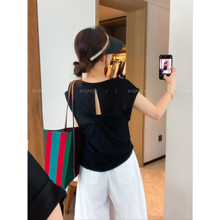 宽松显瘦小众上衣 爱情魔鬼鱼 黑色圆领短袖 露背T恤女2025夏季 新款
