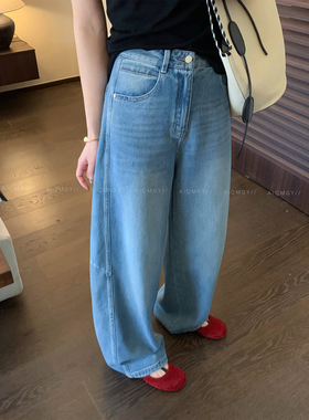 爱情魔鬼鱼 蓝色复古水洗牛仔裤女2026春季新款高腰宽松阔腿长裤