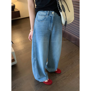 高腰宽松阔腿长裤 爱情魔鬼鱼 新款 女2026春季 蓝色复古水洗牛仔裤