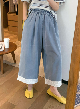 爱情魔鬼鱼 浅蓝色蕾丝花边直筒牛仔裤女2026春季新款阔腿休闲裤