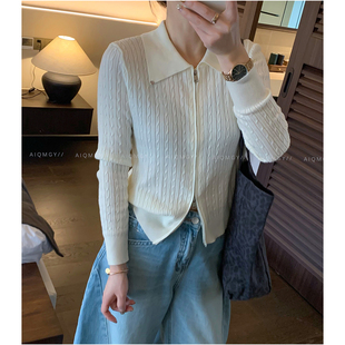 新款 爱情魔鬼鱼 女2026年春季 翻领麻花针织衫 拉链上衣 米白色长袖