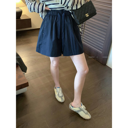 爱情魔鬼鱼 藏青色松紧腰抽绳休闲短裤女2026夏季新款宽松阔腿裤