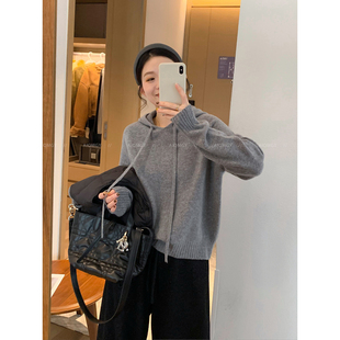 新款 女2025冬季 宽松加厚上衣 米白色连帽全羊毛针织衫 爱情魔鬼鱼