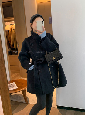 爱情魔鬼鱼 黑色中长款立领毛呢外套女2025冬季新款双面羊毛大衣