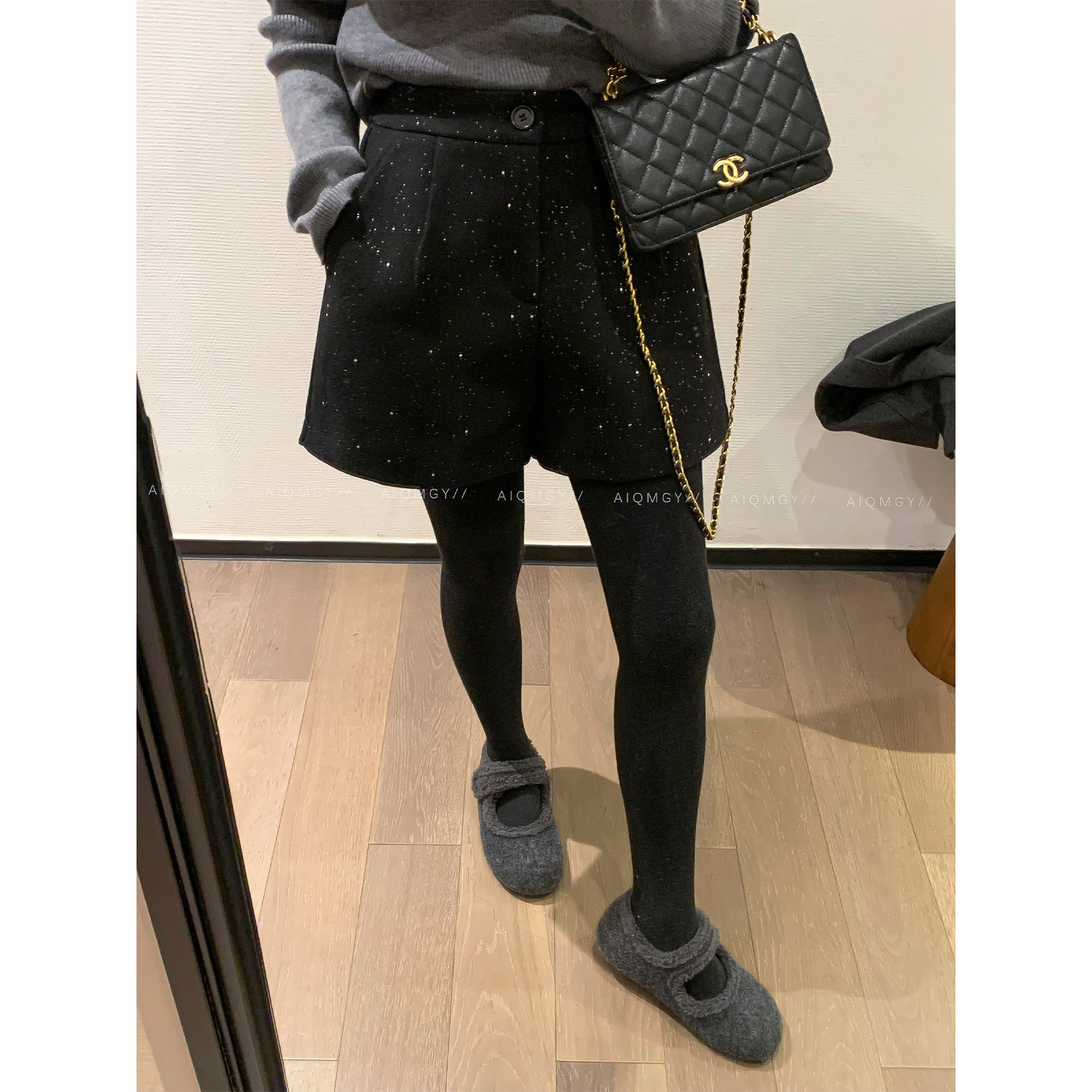 爱情魔鬼鱼 黑色亮闪休闲短裤女2025冬季新款高腰宽松百搭阔腿裤,女装/女士精品,休闲裤,淘宝优惠券,粉丝福利购,淘宝优惠卷