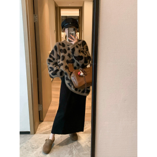 时尚 爱情魔鬼鱼 毛衣女2025秋冬新款 针织衫 宽松上衣 豹纹圆领长袖