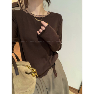 爱情魔鬼鱼 圆领长袖木耳边网纱拼接T恤女2026年秋季新款纯色上衣