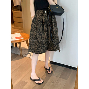 爱情魔鬼鱼 豹纹抽绳休闲裤女2026夏季新款高腰宽松五分裤中裤子