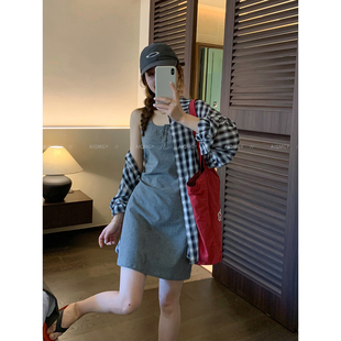 爱情魔鬼鱼 时尚套装女2026年夏季长袖格子衬衫背心连衣裙两件套