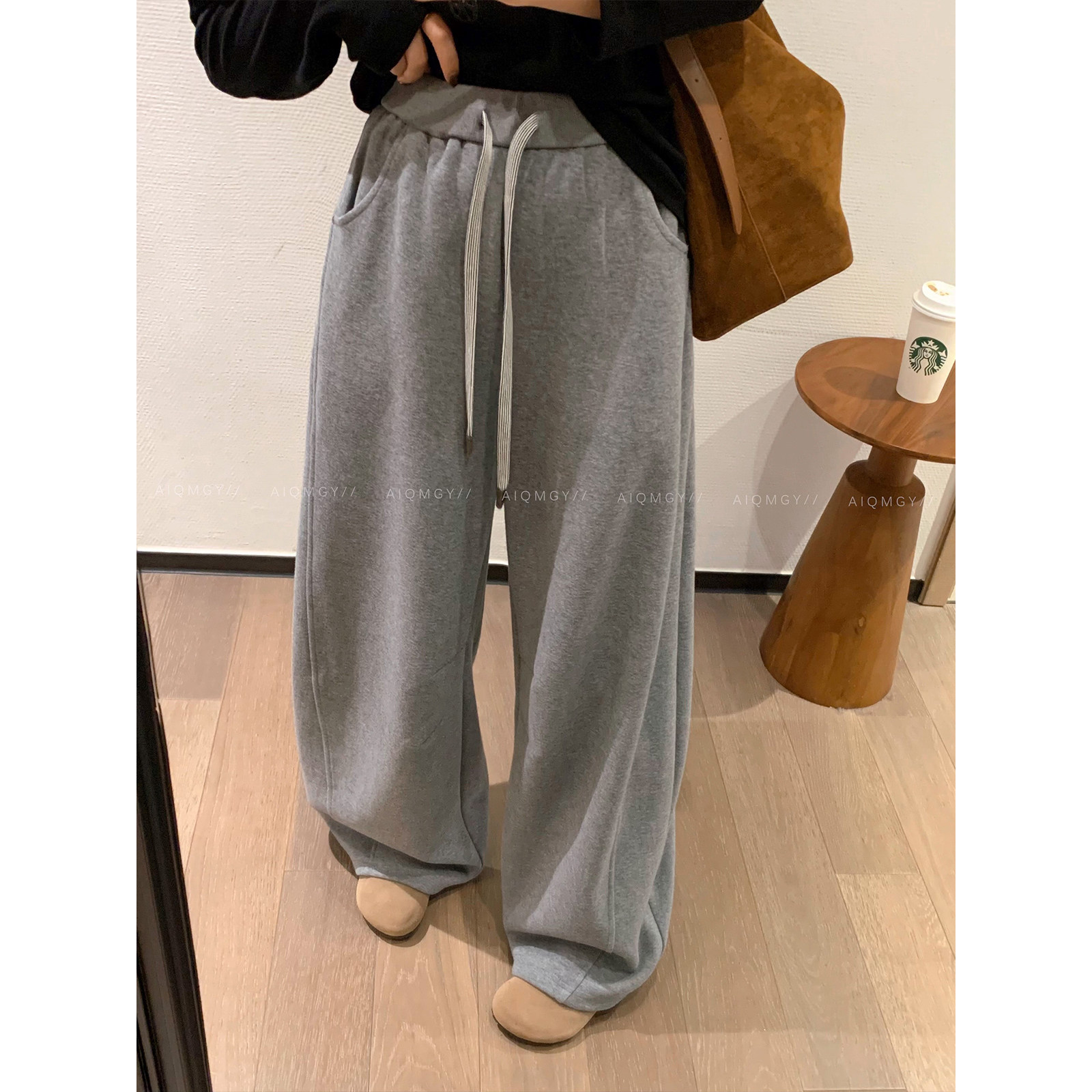 爱情魔鬼鱼 灰色抽绳高腰休闲裤卫裤女2025秋冬宽松显瘦阔腿长裤,女装/女士精品,休闲裤,淘宝优惠券,粉丝福利购,淘宝优惠卷