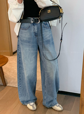 爱情魔鬼鱼 蓝色水洗配腰带牛仔裤女2026春季新款宽松直筒阔腿裤