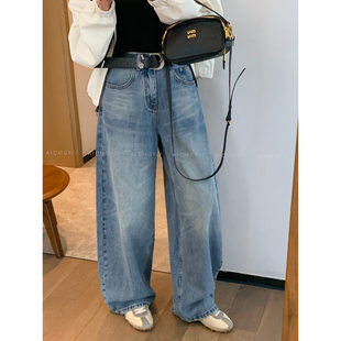 宽松直筒阔腿裤 爱情魔鬼鱼 新款 女2026春季 蓝色水洗配腰带牛仔裤