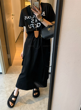 爱情魔鬼鱼 黑色两件套装女2026夏季新款短袖T恤上衣工装裙半身裙