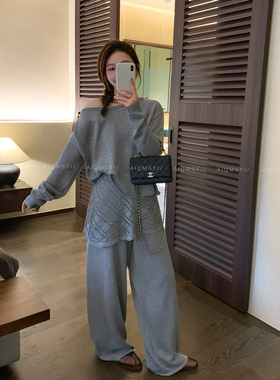 爱情魔鬼鱼 灰色套装女2026春季长袖一字领上衣拼接阔腿裤两件套
