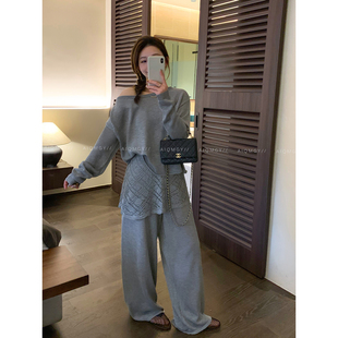长袖 爱情魔鬼鱼 灰色套装 女2026春季 两件套 一字领上衣拼接阔腿裤