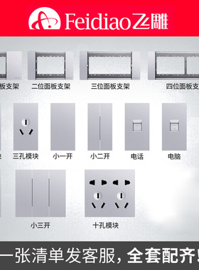 飞雕YR开关插座118型大板银月光银无边框五孔银色拉丝家用大面板