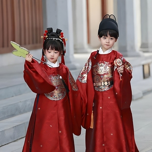 儿童汉服明制龙纹明代圆领补服童装红色中国古装秋冬款汉服织金款