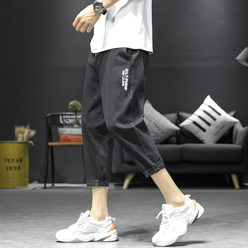 M-5XL 黑墙风  哈伦束脚七分八分牛仔裤男21夏季短裤宽松N图片
