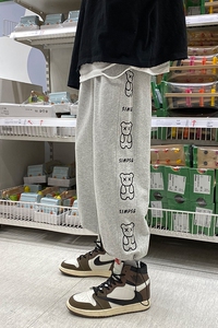  中性风春夏ins小熊印花运动裤男女宽松抽绳束脚裤图片