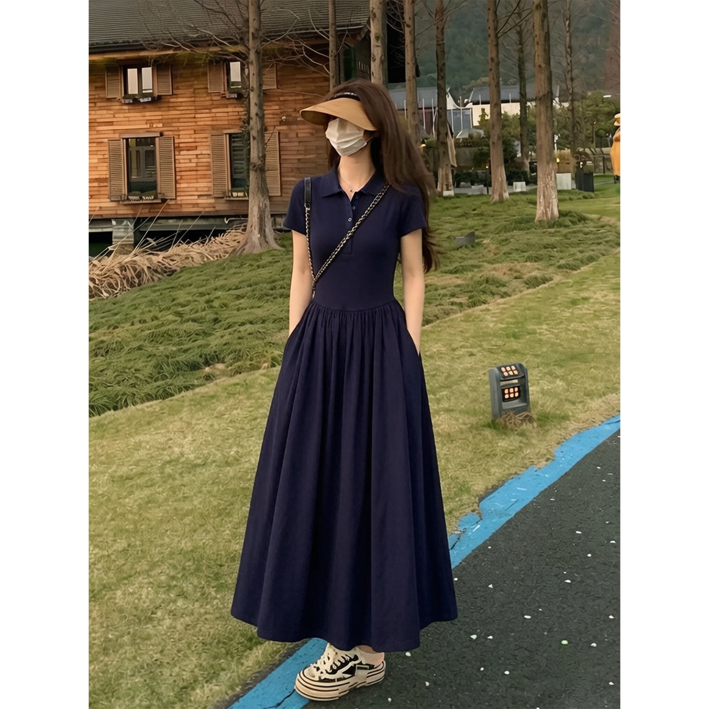藏青色翻领收腰学院风裙