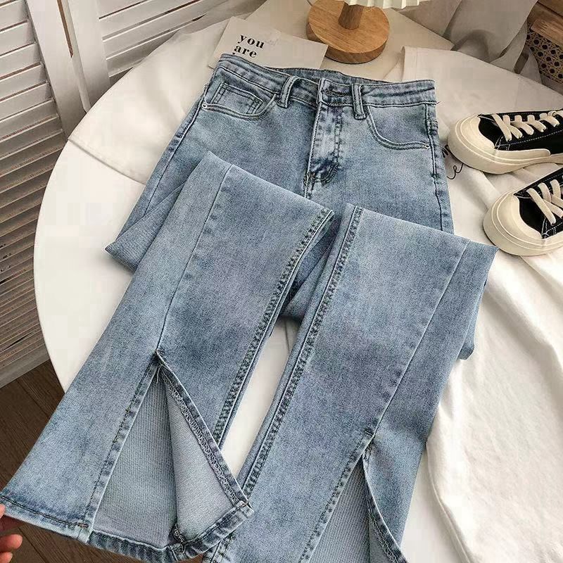 高腰开叉微喇叭弹力牛仔