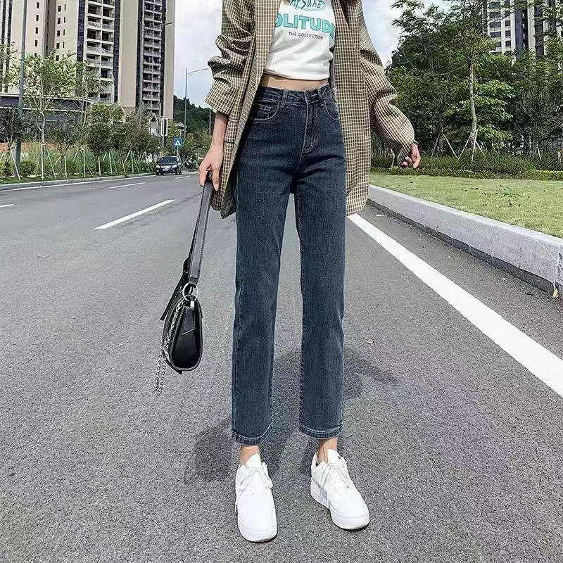 高腰弹力直筒牛仔裤女春