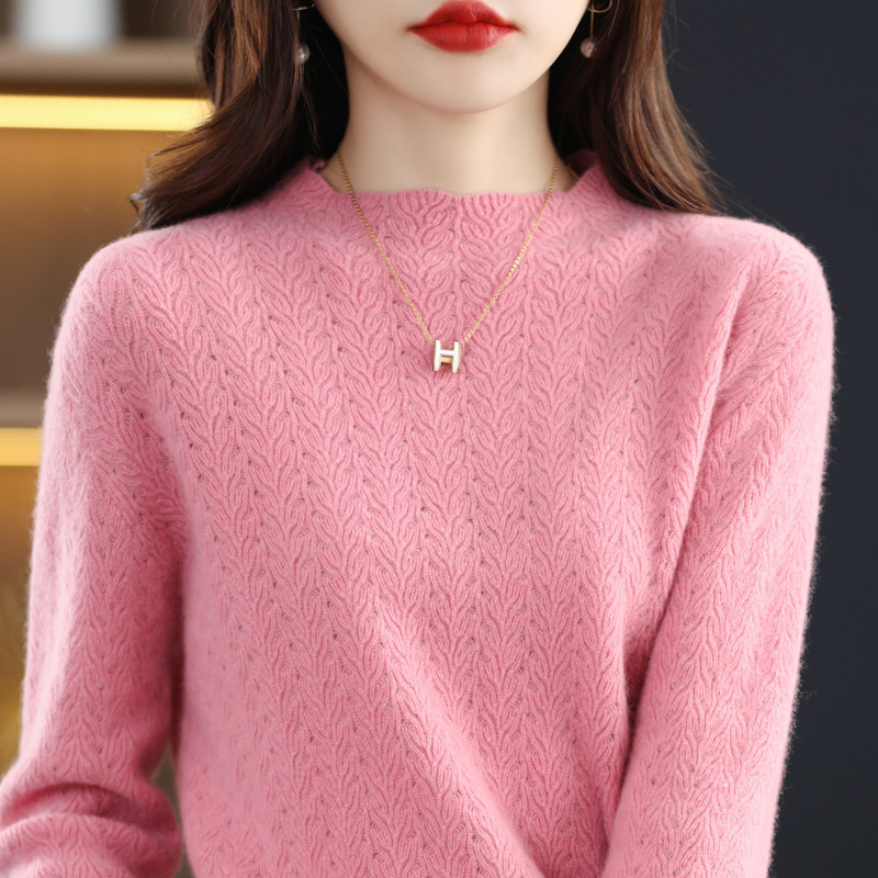 镂空半高领花边羊毛衫女长袖套头宽松打底衫秋冬季百搭洋气针织衫
