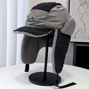 日系时尚拼色速干布加绒雷锋帽子女冬天保暖护耳滑雪帽飞行帽潮男