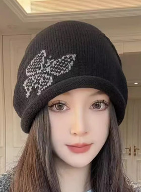 原创蝴蝶卷边堆堆帽护耳保暖帽子显脸小百搭包头帽子女潮冷帽