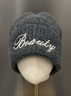 2025新款灰色字母珍珠毛线帽女秋冬加厚保暖针织帽显脸小时尚冷帽