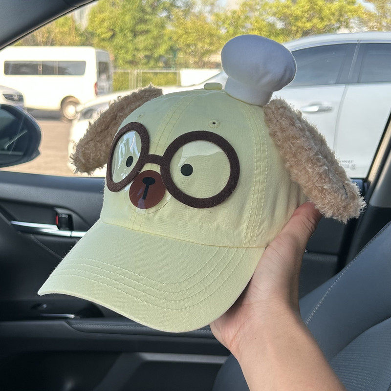 可爱眼镜小狗耳朵棒球帽女卡通甜美显脸小鸭舌帽宽帽檐黄色帽子