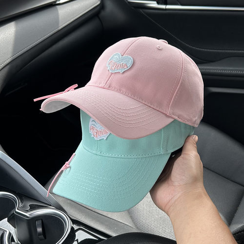 韩国设计原创爱心刺绣鸭舌帽女蝴蝶结软妹棒球帽多巴胺薄荷绿帽子