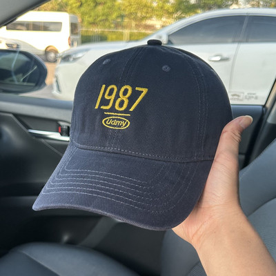 韩国复古1987数字刺绣棒球帽子弯檐男女深顶百搭鸭舌帽春秋大头围