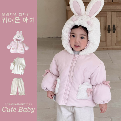 小女孩冬装连帽加厚加棉外套加绒裤三件套1-3岁女宝宝a类保暖套装